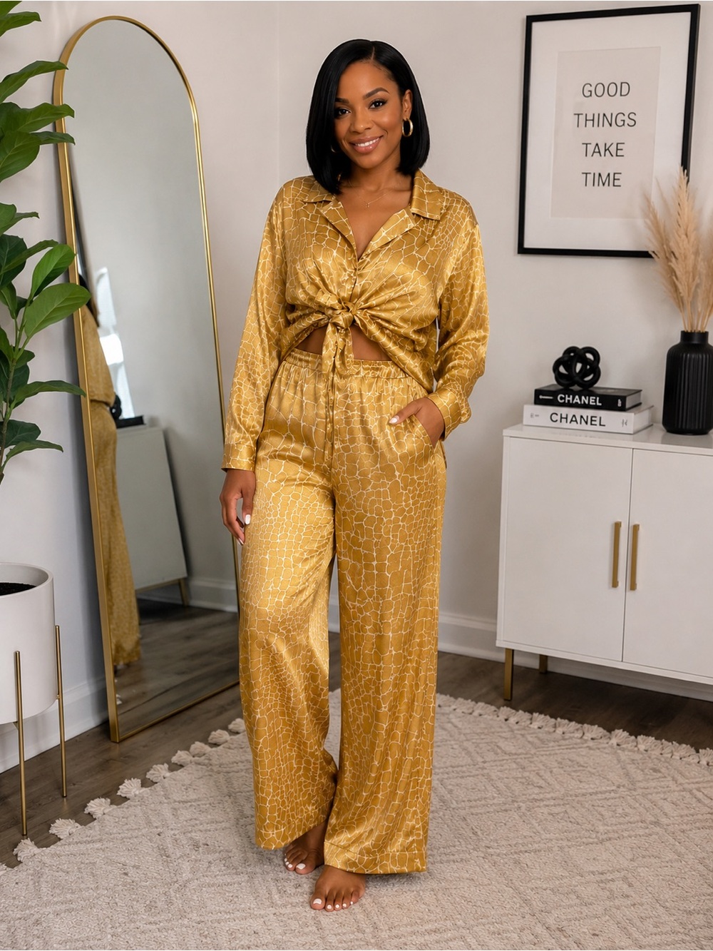 Women’s Gold Satin Tie-Front Pajama Set Pants